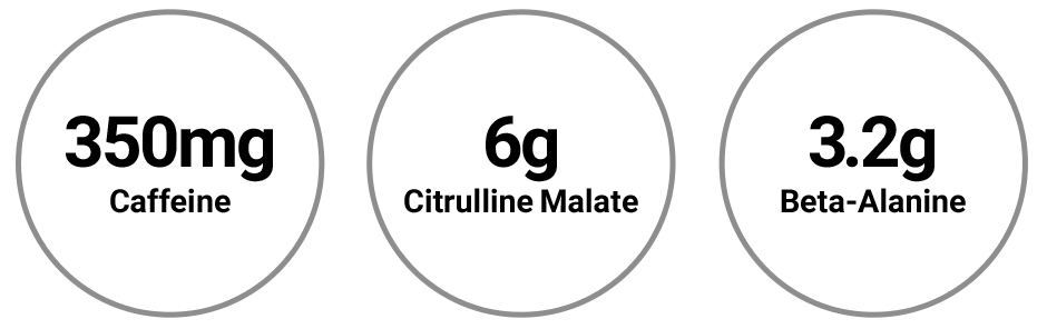 350 miligrams caffeine, 6 grams citrulline malate, 3.2 grams beta alanine