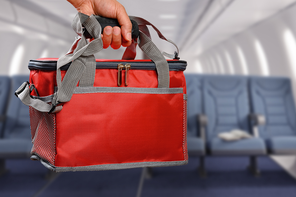 Hand holding a lunch box in an airport