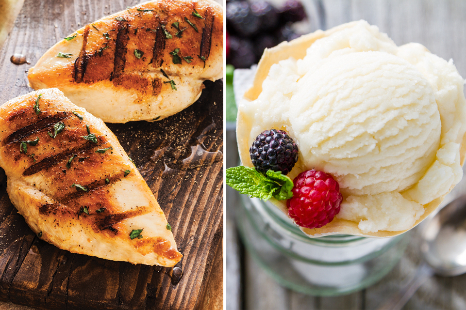 Grilled chicen and vanilla ice cream