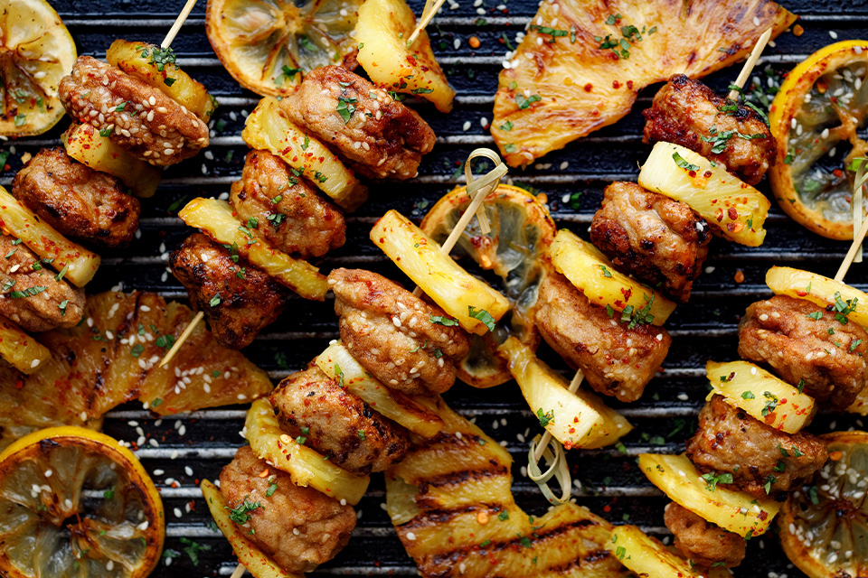 Chicken pineapple kabobs on a grill