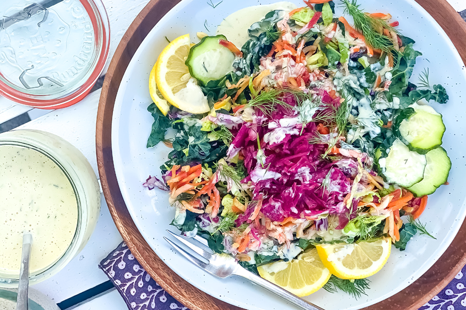 Overhead view of a colorful bowl of salad