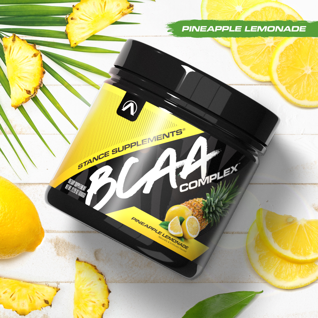 Advertisement for pineapple lemonade flavor of BCAA Complex by Stance Nutrition