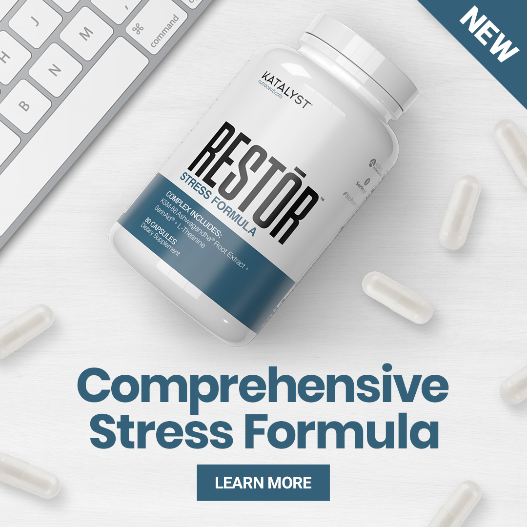 Advertisement for RESTOR Comprehensive Stress Formula by Katalyst Nutraceuticals sold at NutrishopUSA.com