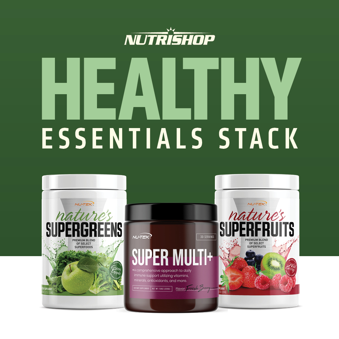 Advertisement for the Health Essentials Stack that combines Nature's Supergreens, Nature's Superfruits and Super Multi+ 