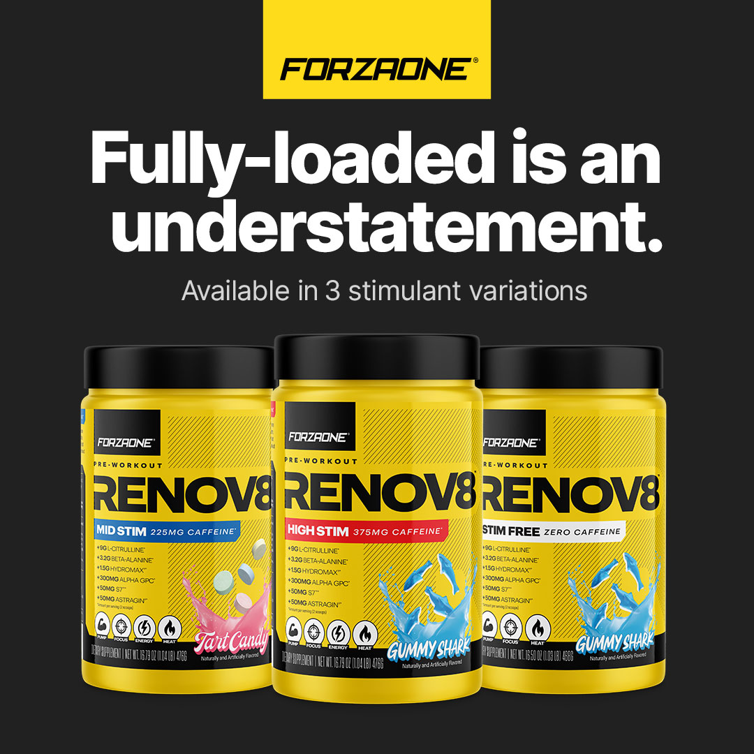 Advertisement for Forzaone Performance Nutrition's pre-workout formula called RENOV8, sold at NutrishopUSA.com