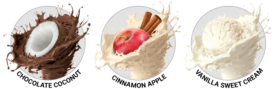 Chocolate Coconut, Cinnamon Apple, Vanilla Sweet Cream