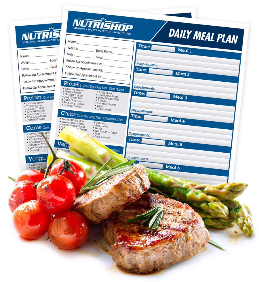 Nutrishop daily meal plan sheets next to vegtables and steak