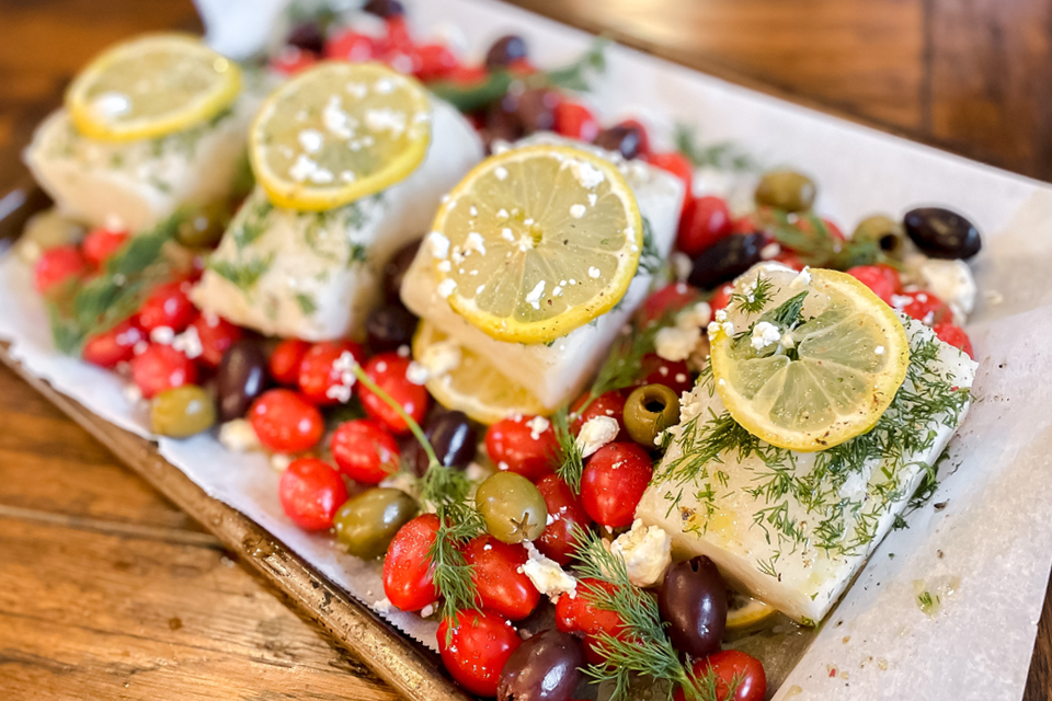 Plate of One-Pan Mediterranean Fish and Veggies