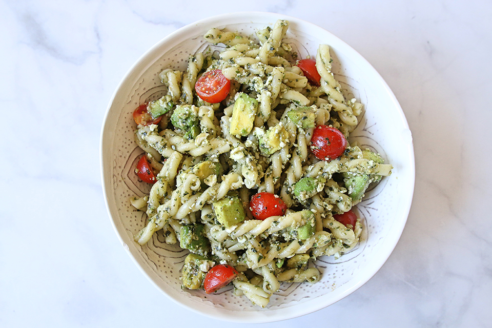 Bowl of Pesto & Avocado Pasta Salad