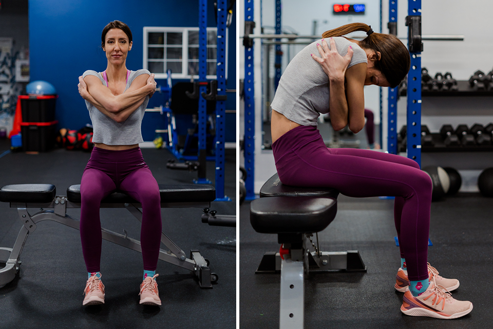 Before and after of form technique for de-stressed hug exercise