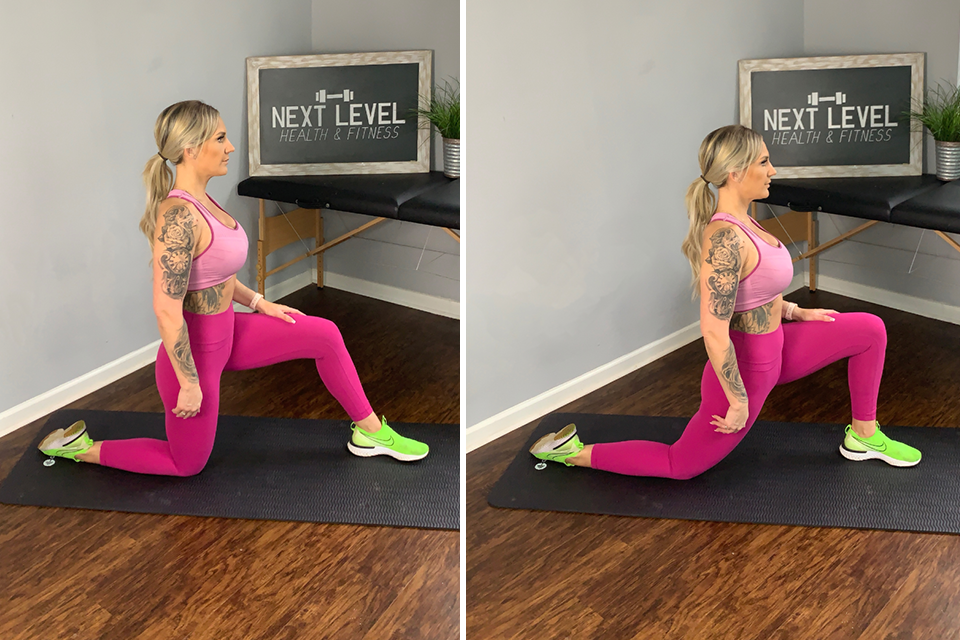 Before and after of half kneeling hip flexor stretch