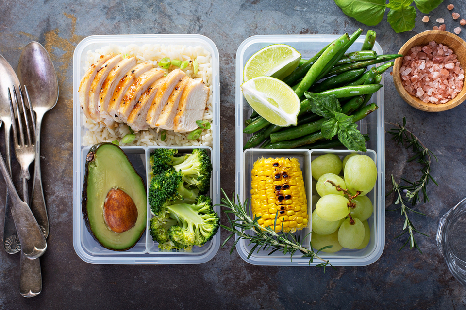 Overhead view of a healthy prepped meal