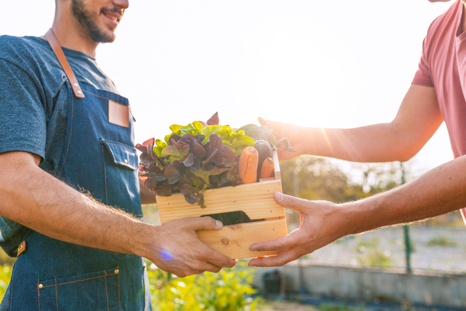 Person handing someone a wodden box of vegetables