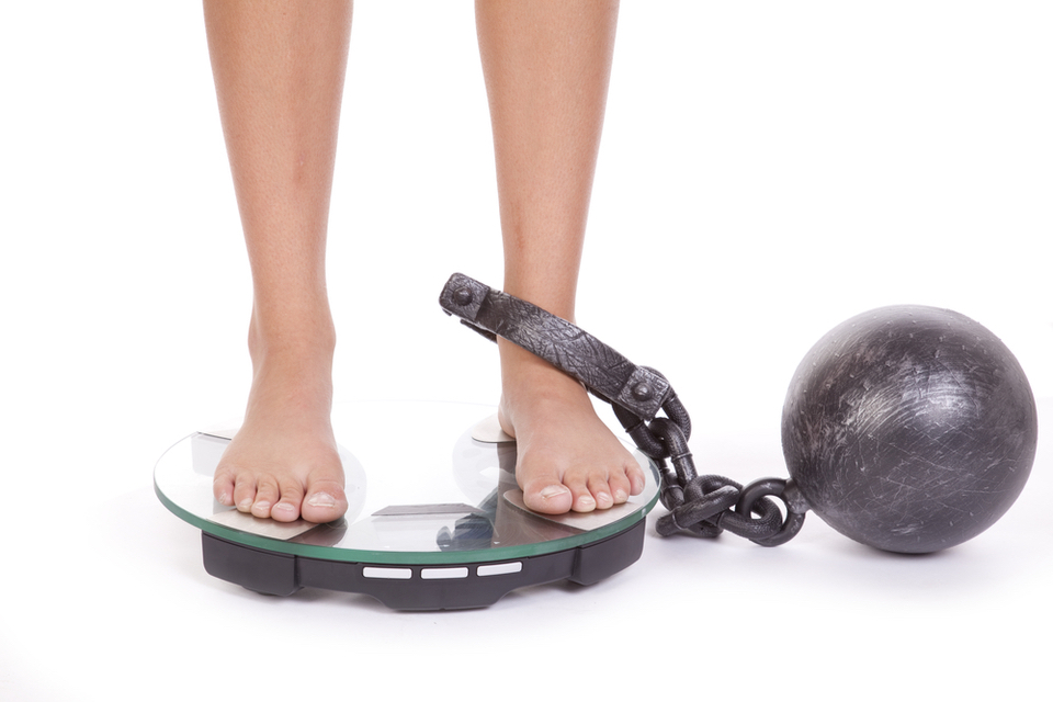 a ball and chain attached to legs on a scale 