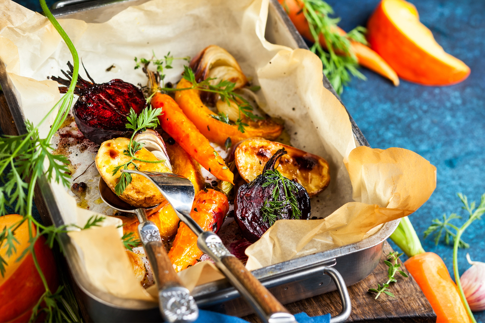 tray full of roasted vegetables