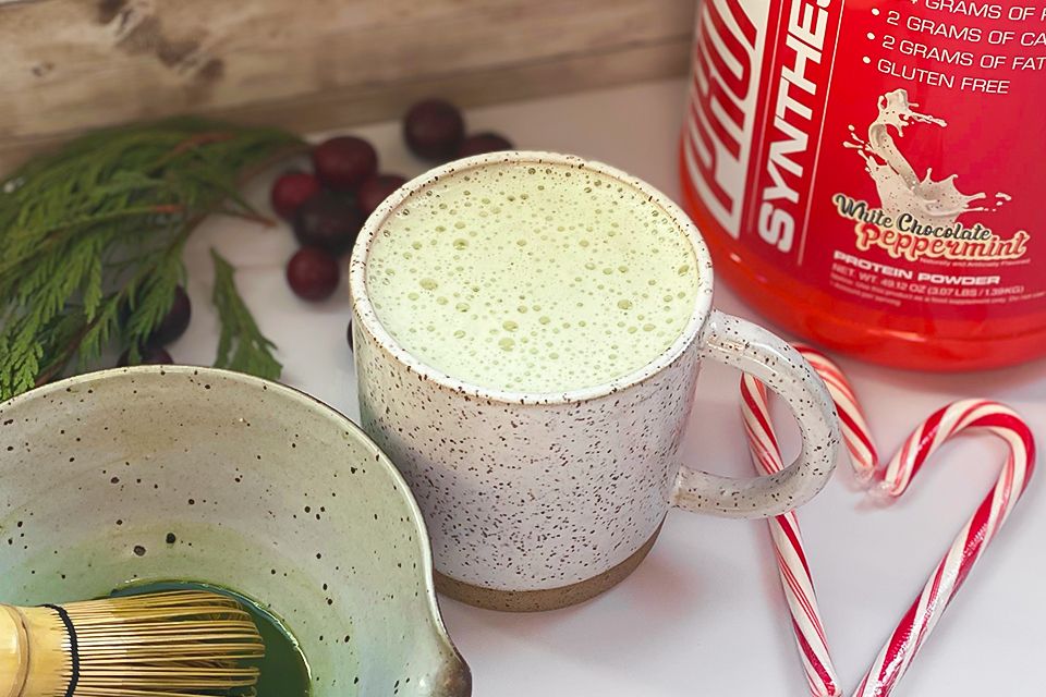 Mug filled with peppermint matcha latte