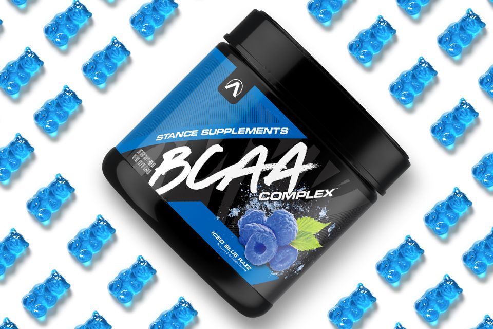 BCAA Complex bottle surrounded by blue gummy bears