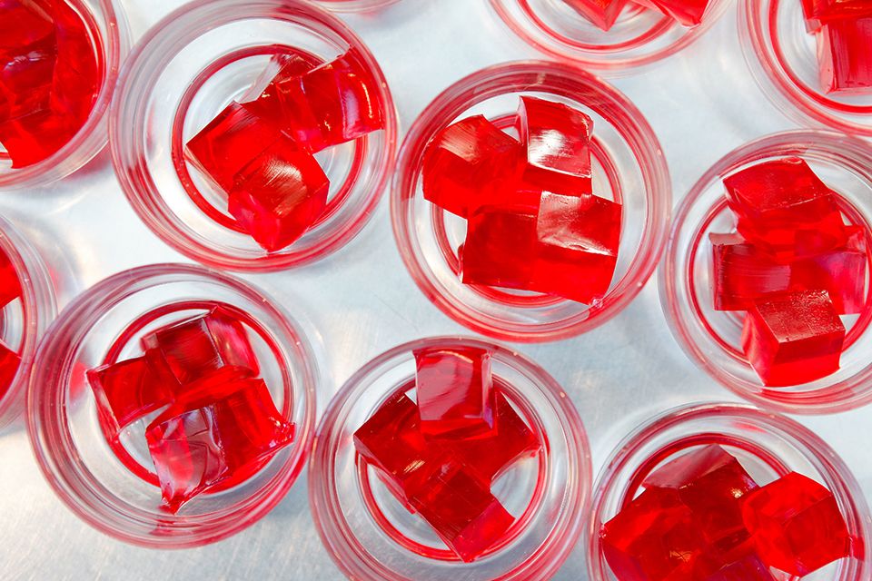 Top view of bowls full of jello cubes