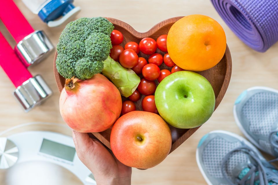 Heart shaped bowl with fruits and vegetables