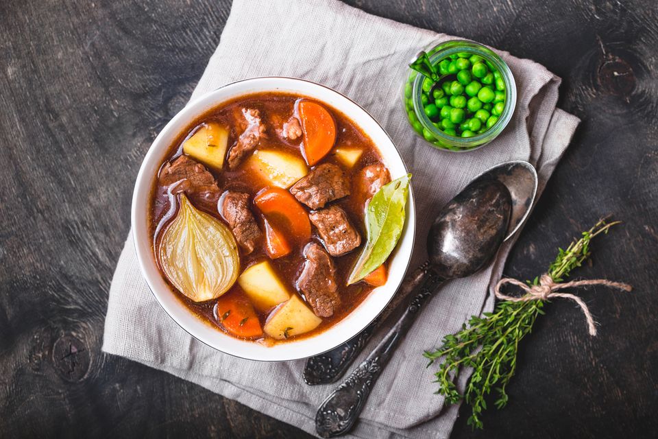 Bowl of beef and vegetable soup.