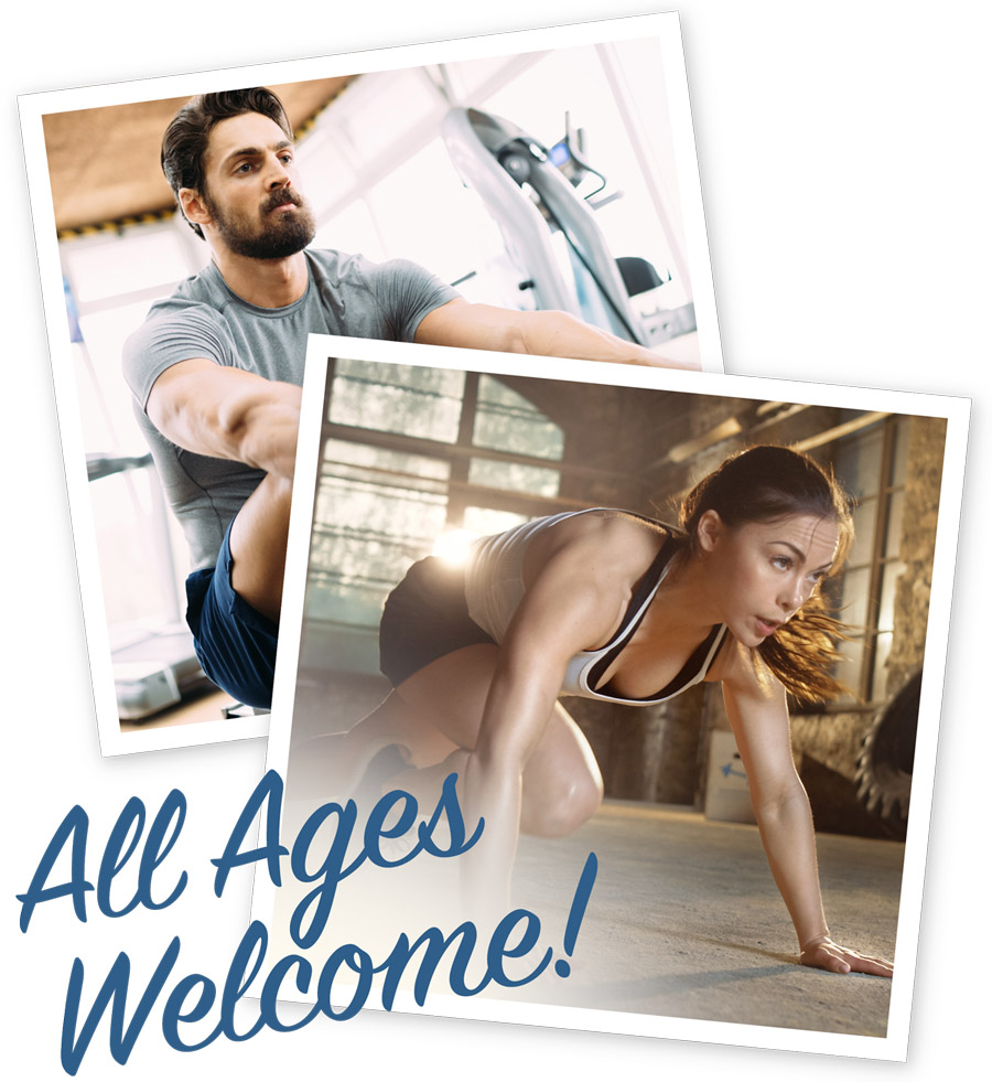 Photocards of people exercising saying "All Ages Welcome"